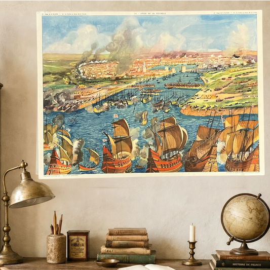 Vintage French Double-Sided School Poster – Siege of La Rochelle Teaching Aid