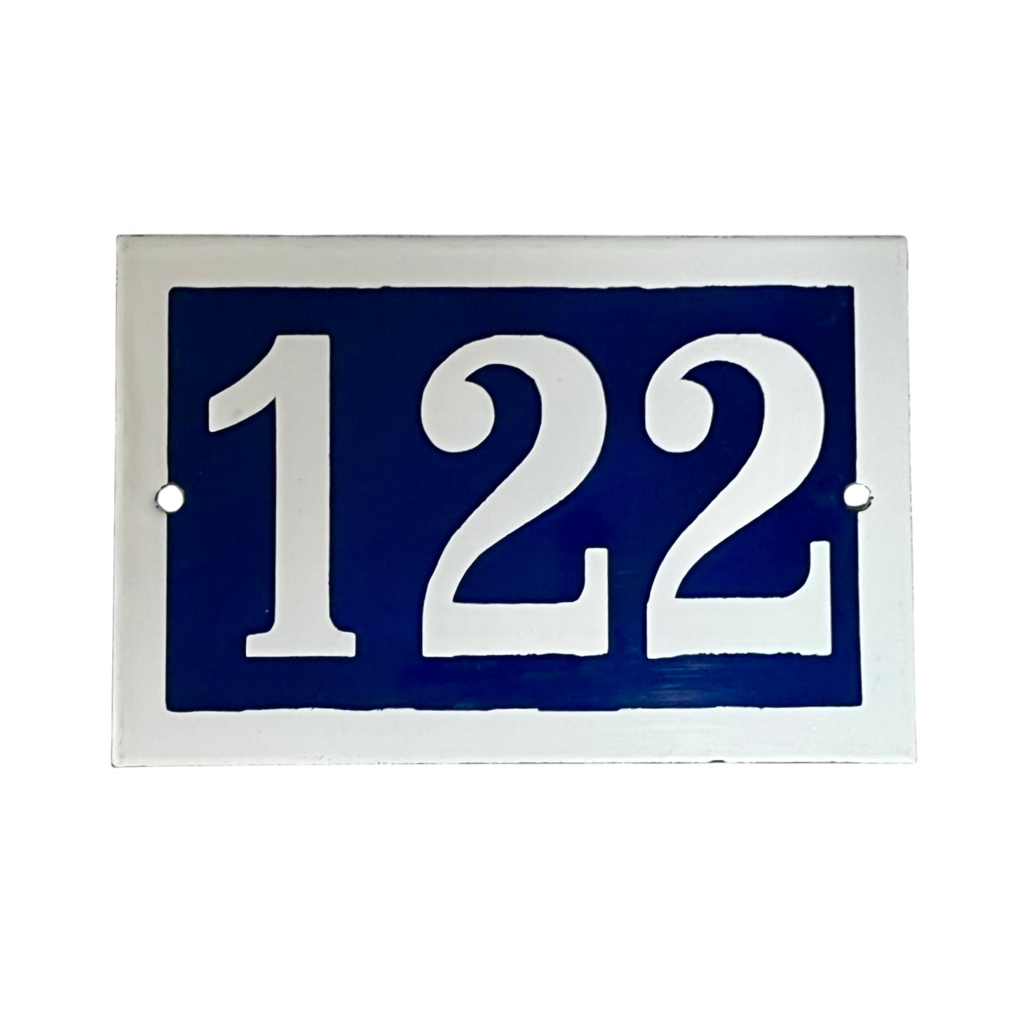 Blue rectangular sign with white numbers '122' on a white background