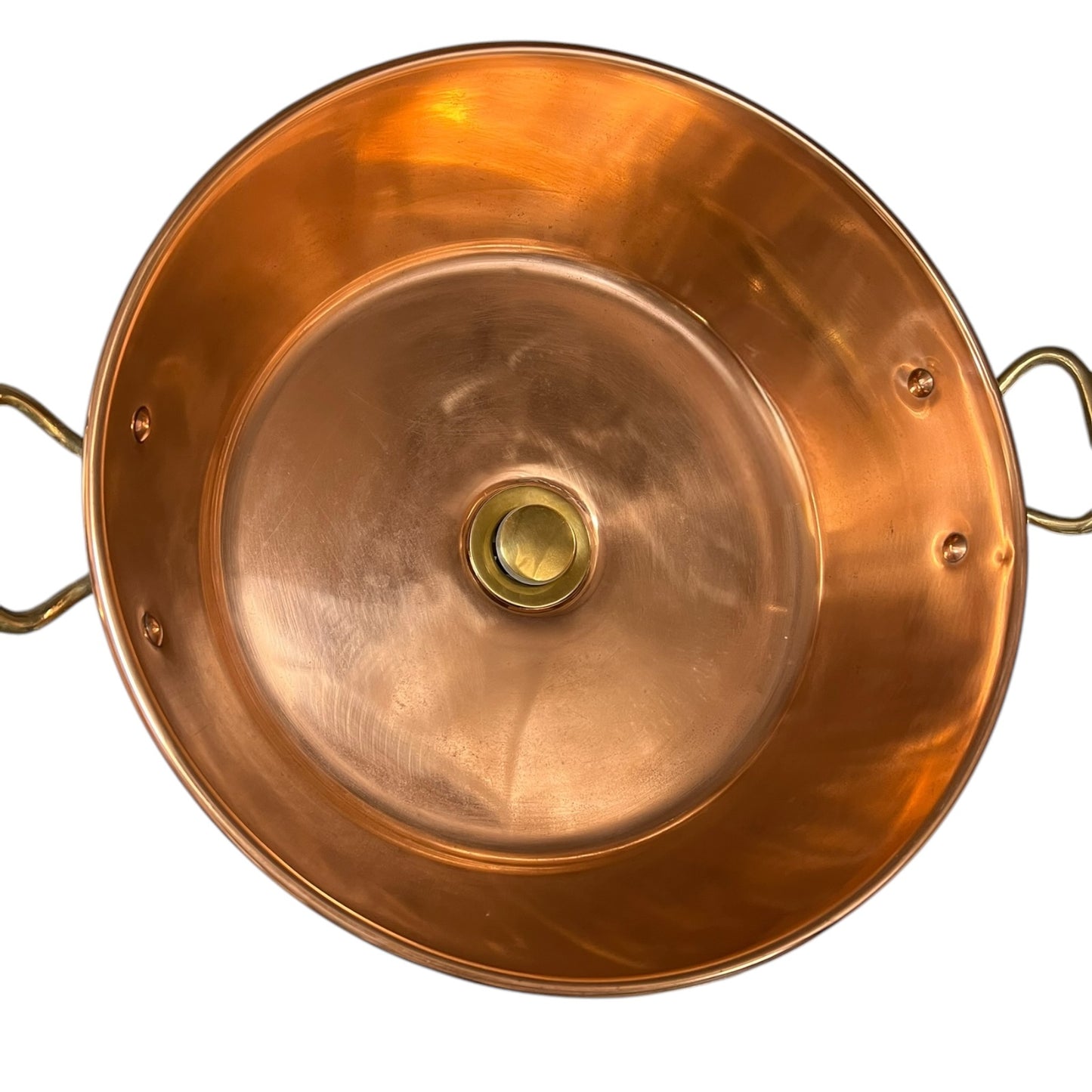 Copper up cycled basin sink with brass handles on a white background