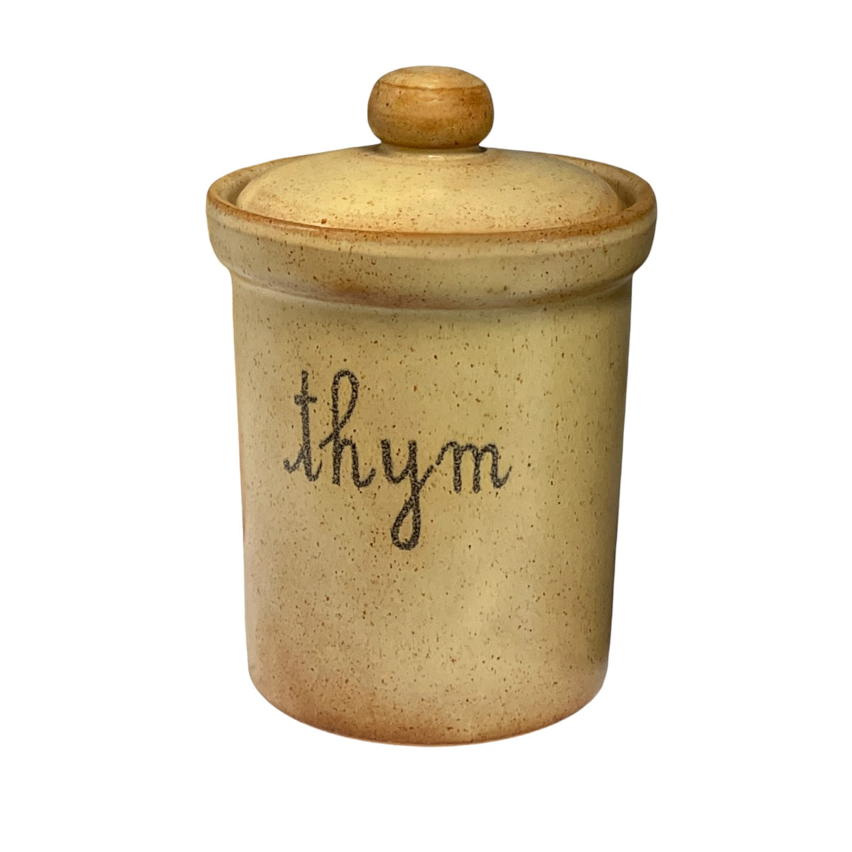 A small speckled ceramic canister with a matching lid and knob, featuring the word 'thym' written in black cursive on the front, set against a plain white background.
