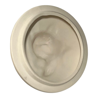Round beige lid of a face on a white background