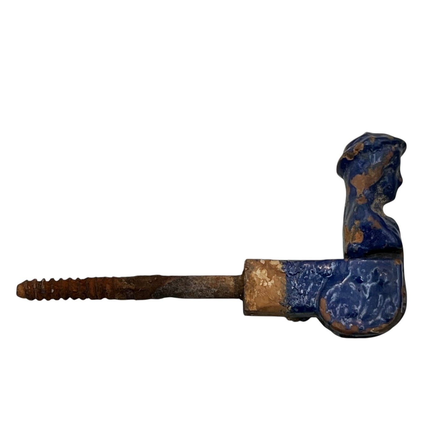 French cast iron shutter dog painted blue with signs and age and wear on a white background