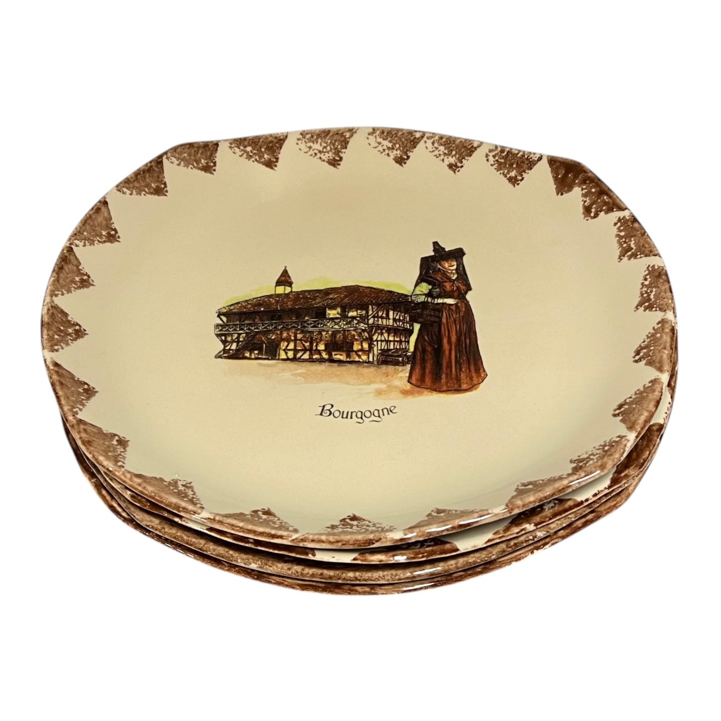 Decorative vintage French artisan plate with a woman and building illustration on a beige background