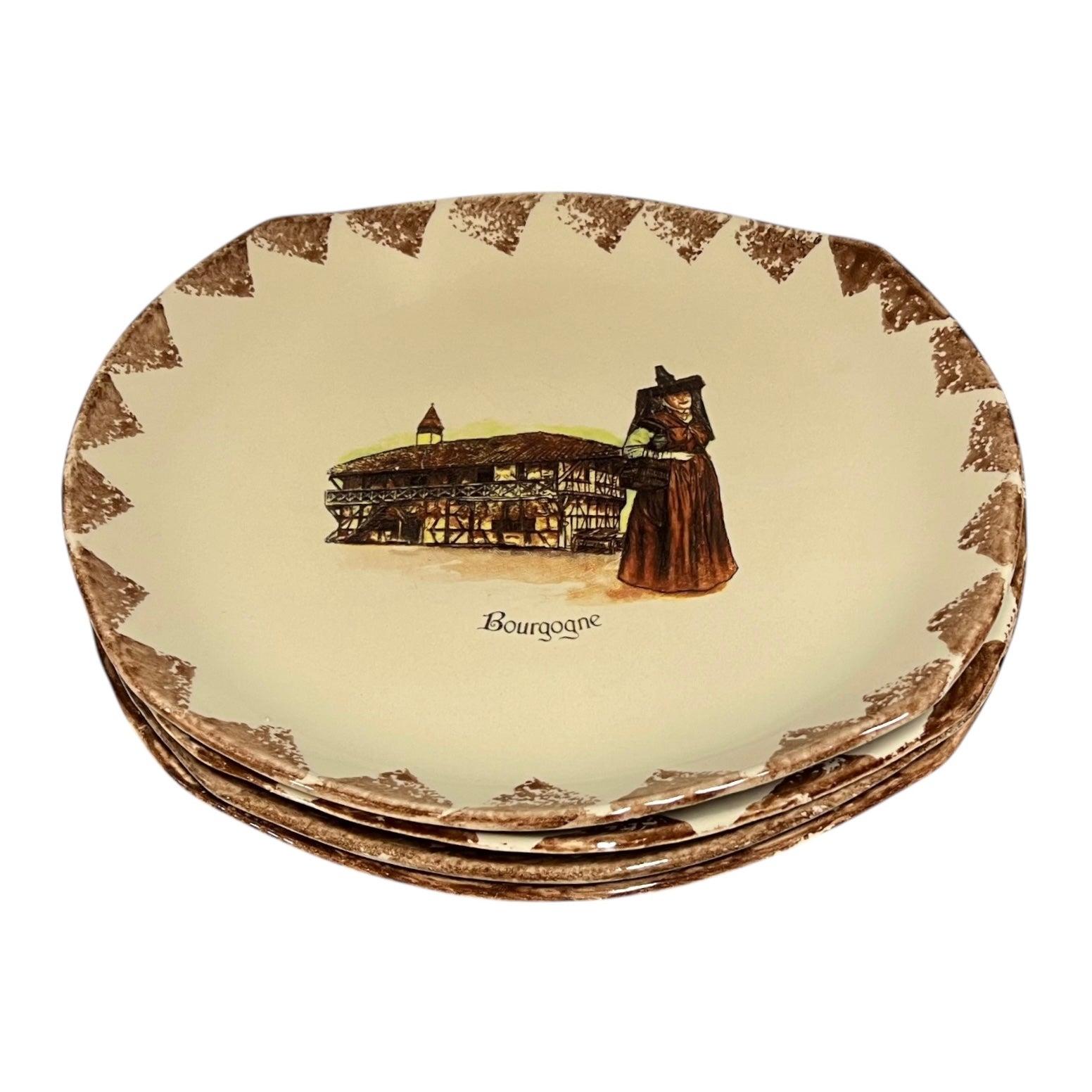 Decorative vintage French artisan plate with a woman and building illustration on a beige background