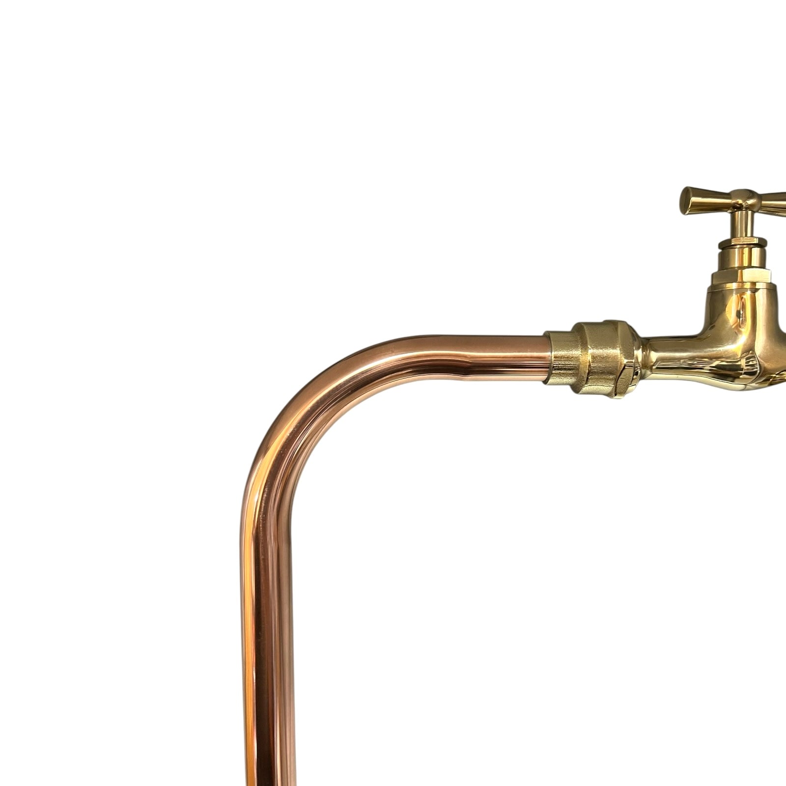 Brass faucet with curved spout on a white background