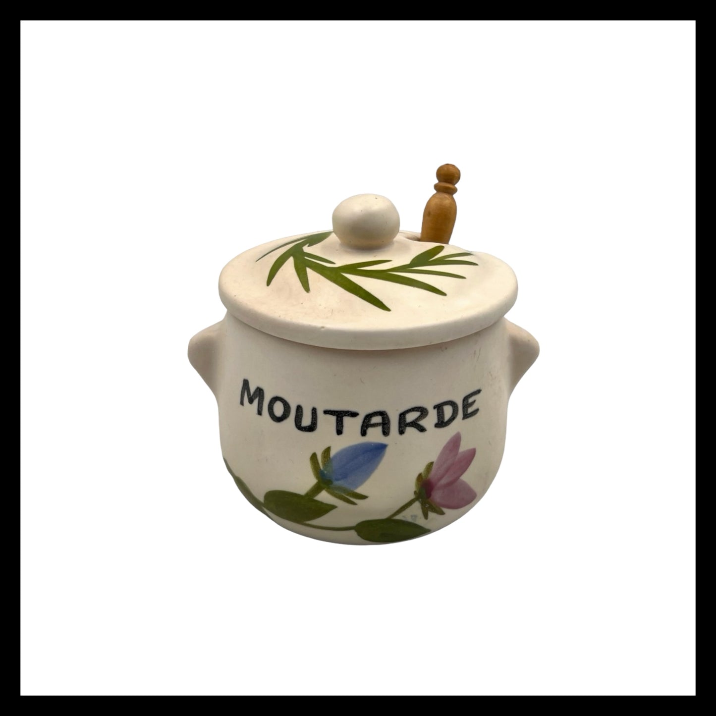 French vintage style mustard pot with wooden spoon for sale from All Things French Store