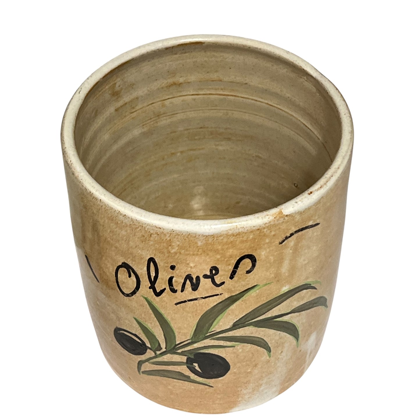 A rustic ceramic olive oil dispenser or cup with a beige stoneware finish, featuring a painted green olive branch with black olives and the word 'Olive' in black script.