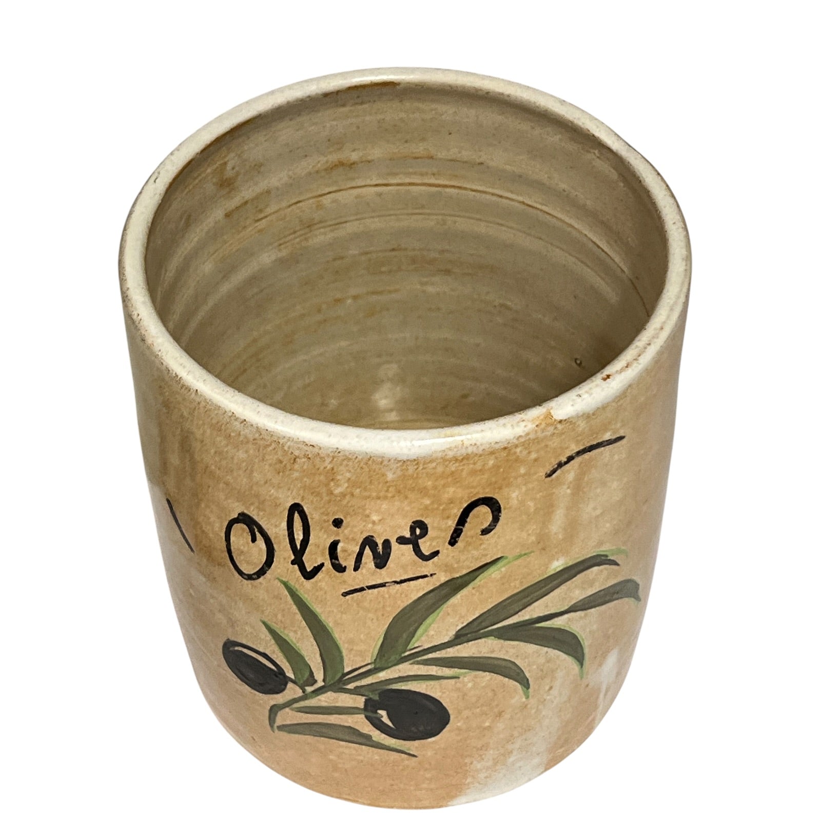 A rustic ceramic olive oil dispenser or cup with a beige stoneware finish, featuring a painted green olive branch with black olives and the word 'Olive' in black script.