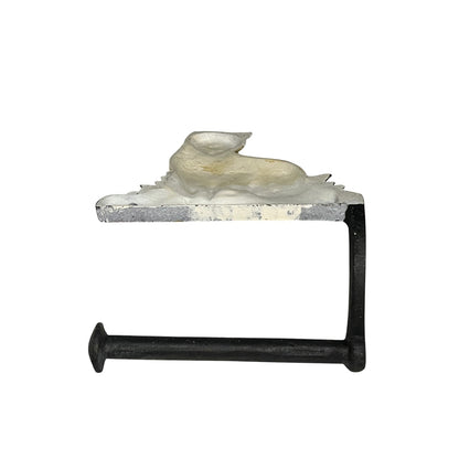 Close up of a cat toiler roll holder on a white background 