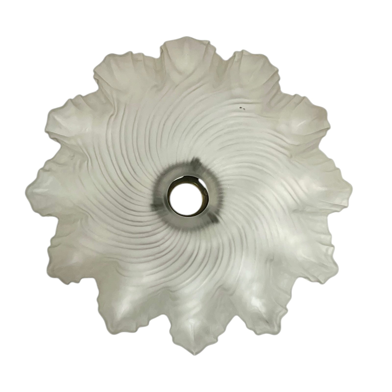 Close up of a vintage-style light fixture with frosted glass shade on a white background
