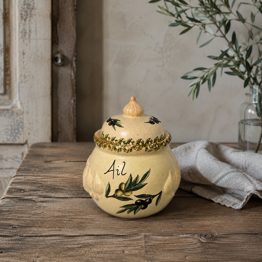 Decorative ceramic jar with lid on a wooden surface, featuring olive designs and the word 'Ail', ideal for a farmhouse kitchen 