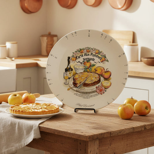 Decorative tart platter with illustration and text on a white background