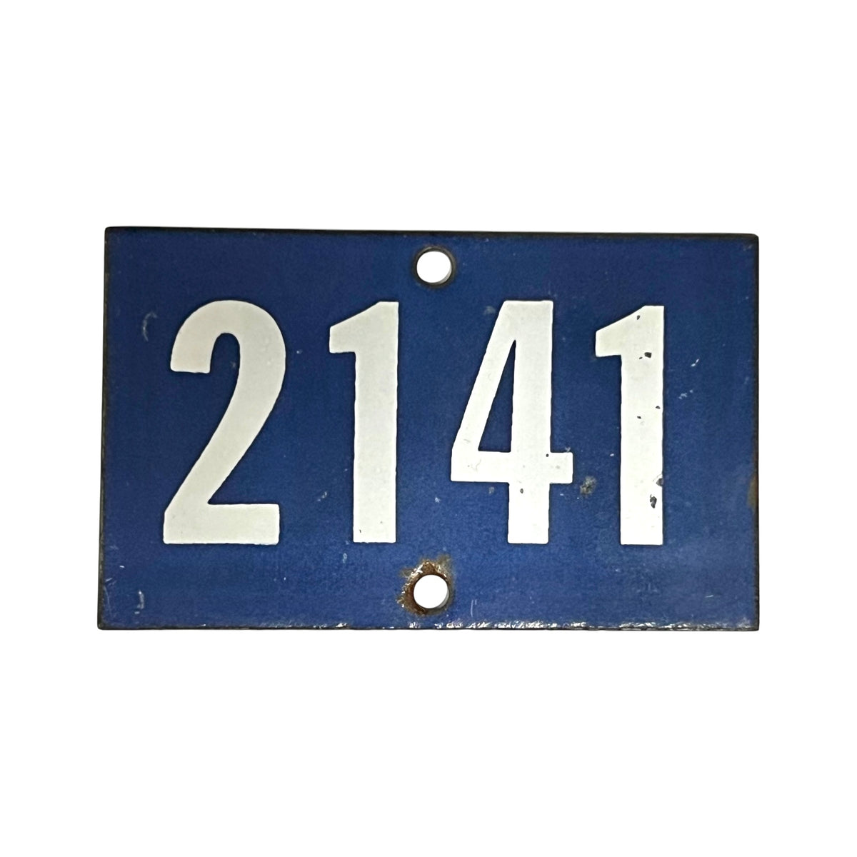 A rectangular blue metal house number plaque with the white numbers '2141' and two pre-drilled mounting holes, shown against a plain white background.