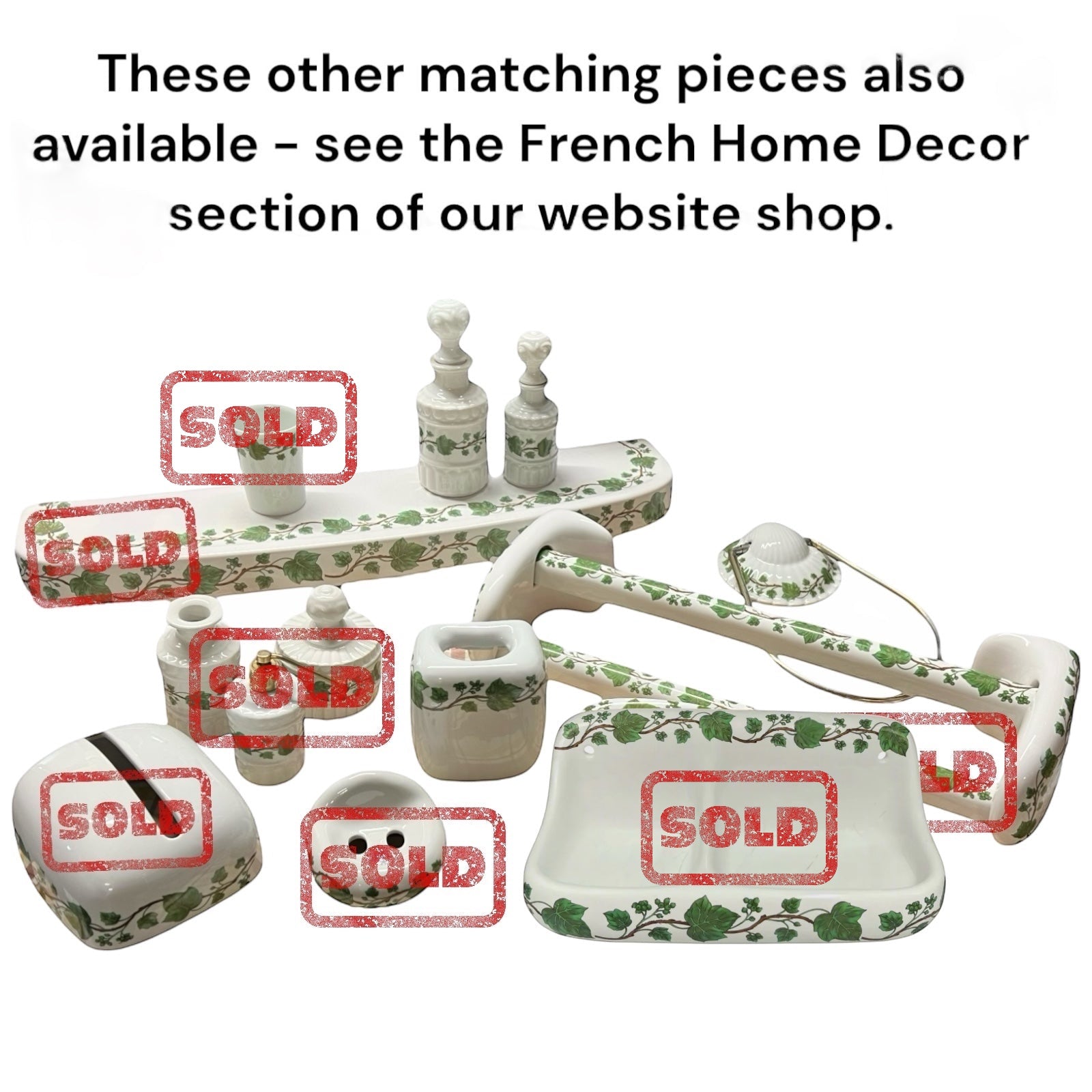 Set of decorative pieces with 'SOLD' stamps on a white background, promoting additional home decor items.