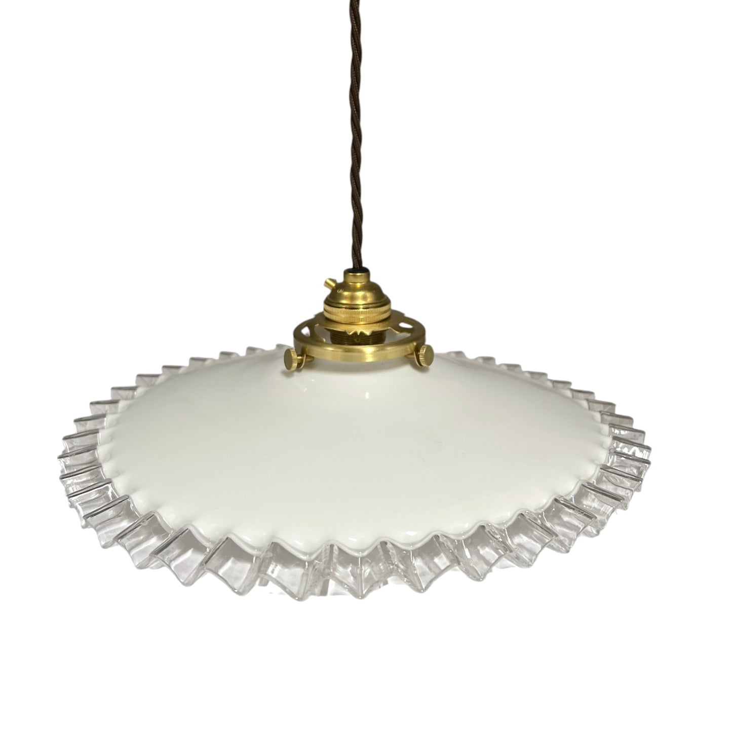 Vintage French Opaline Milk Glass Pendant Pie Crust Lampshade with Brass Collar