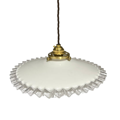 Vintage French Opaline Milk Glass Pendant Pie Crust Lampshade with Brass Collar