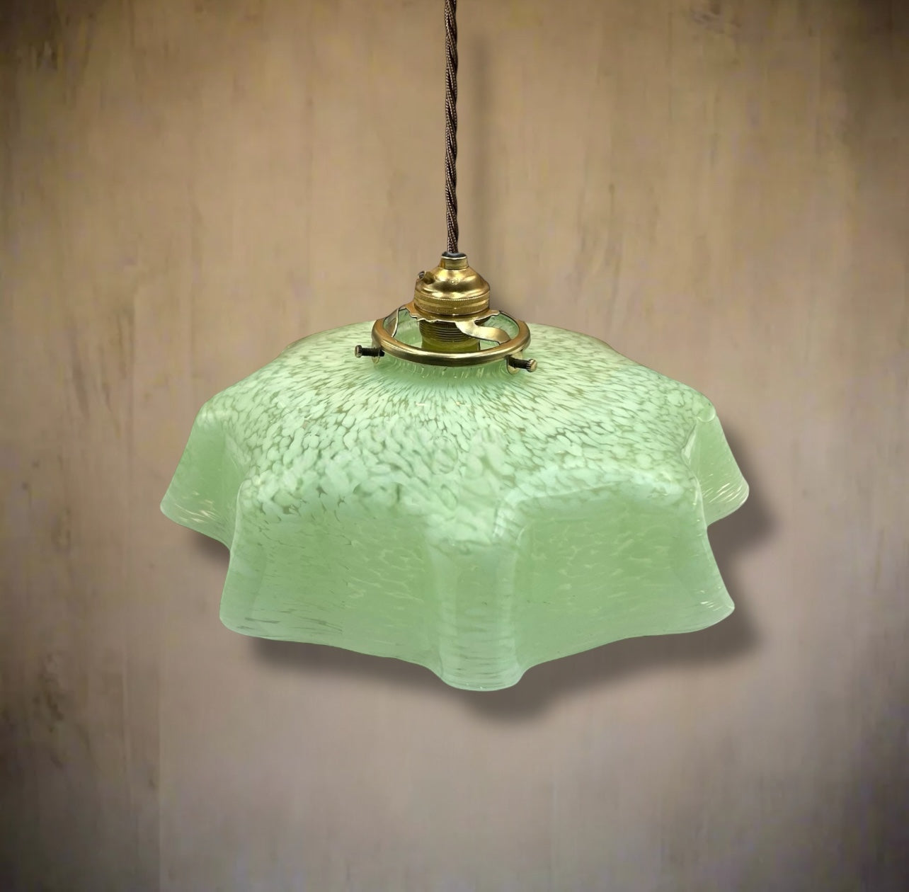 Vintage French Pendant Light, Green Mottled Milk Glass Hanging Lampshade for sale from All Things French Store