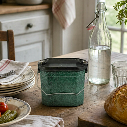 Green food container on a wooden table with tomatoes, bread, and a bottle of water.