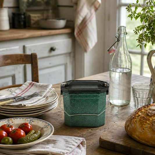 Green food container on a wooden table with tomatoes, bread, and a bottle of water.
