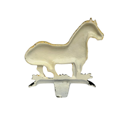 A vintage white-painted metal horse-shaped garden stake or ornament, shown against a plain white background.