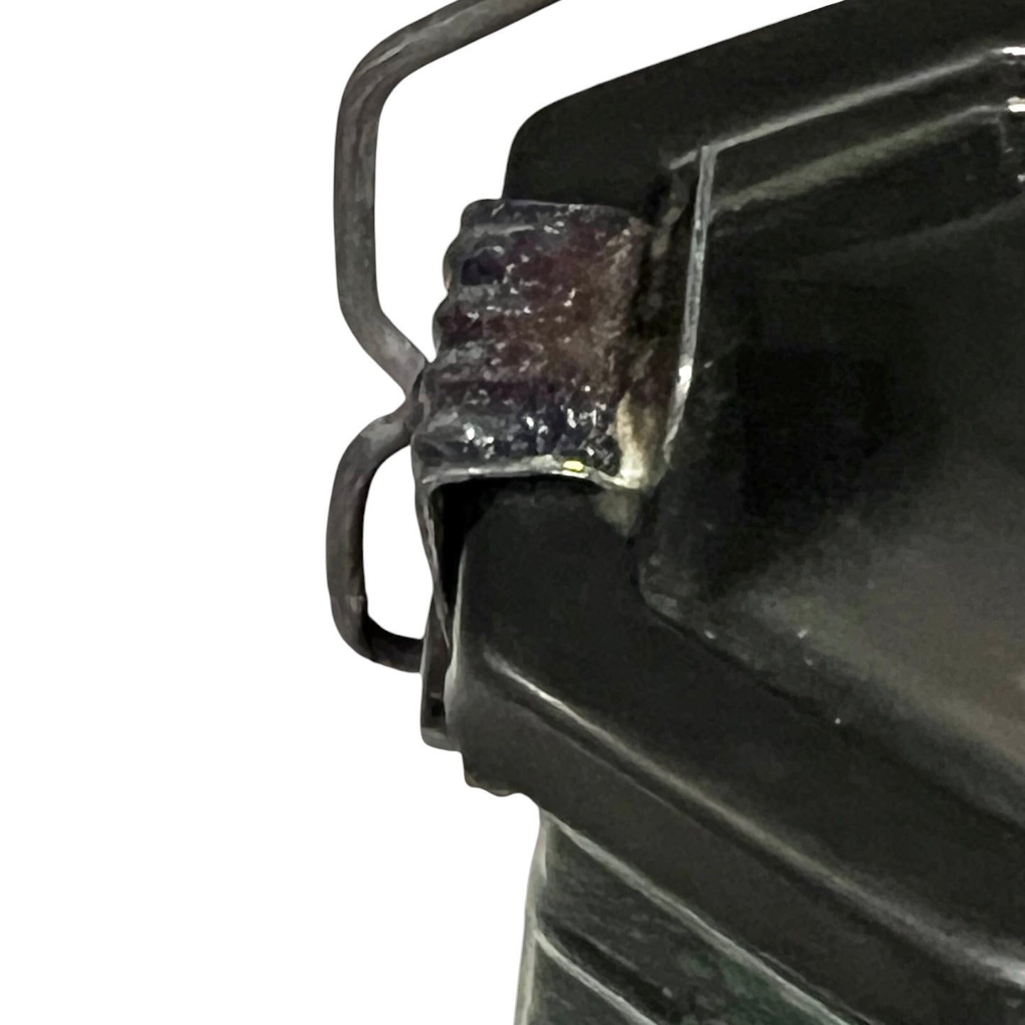 Close up of a French enamel lunch box on a white background