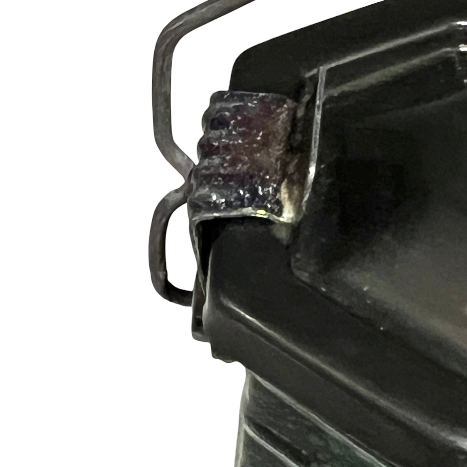 Close up of a French enamel lunch box on a white background