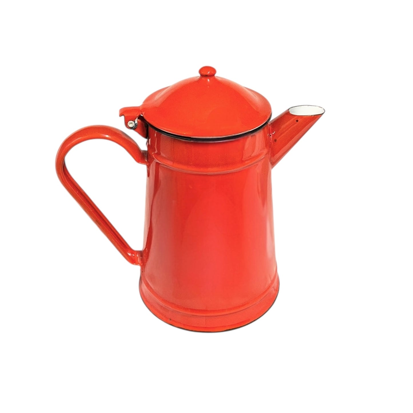 Red vintage French enamelled coffee pot on a white background