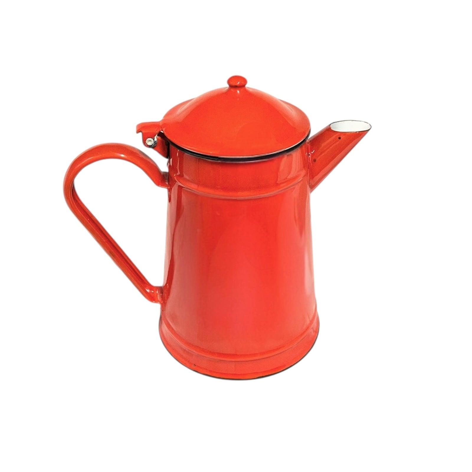 Red vintage French enamelled coffee pot on a white background