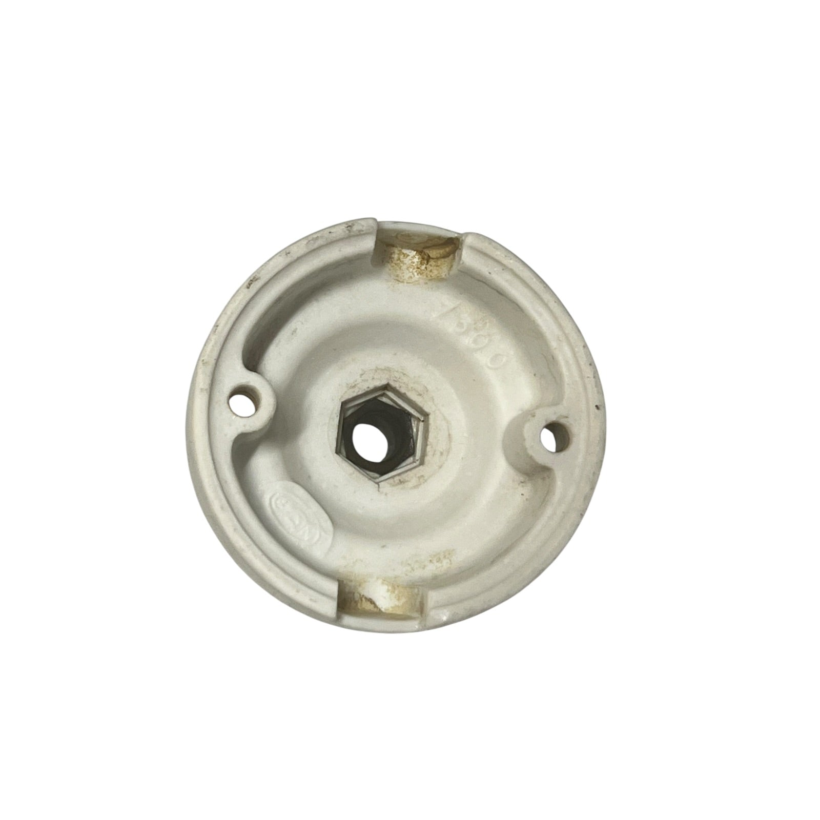 White French porcelain ceiling light rose fitting with a brass screw and 2 screw holes on a white background