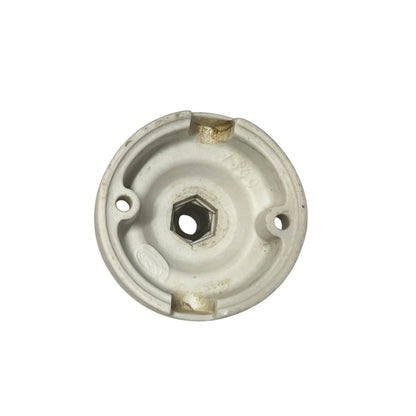 White French porcelain ceiling light rose fitting with a brass screw and 2 screw holes on a white background