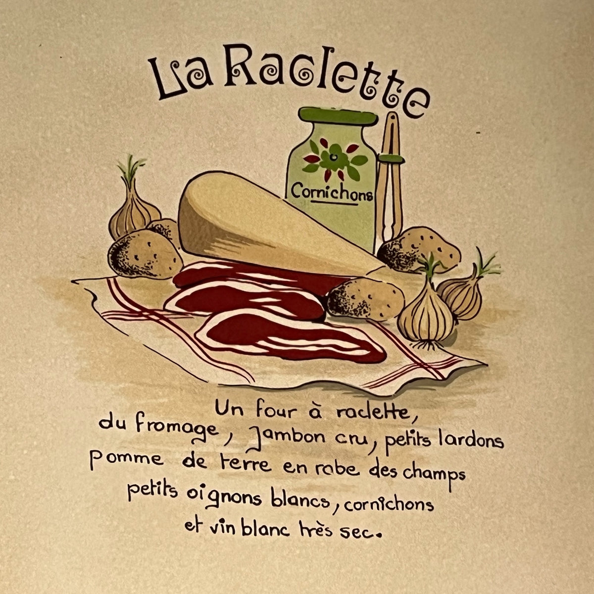 Vintage French La Raclette Tiled Cheese Board with Cheese Wire | Wooden Serving Board