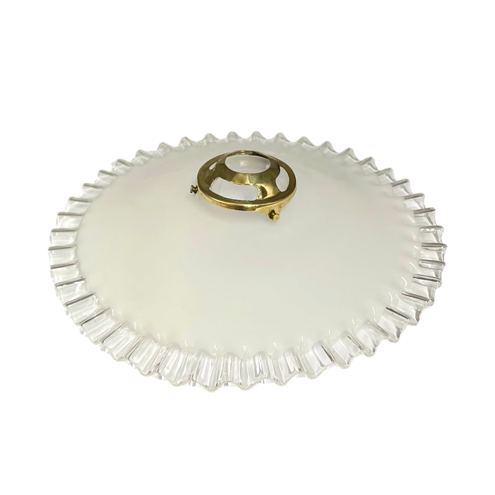 A vintage oval glass ceiling light fixture with a fluted, scalloped edge and a central gold brass mounting ring, shown on a plain white background.