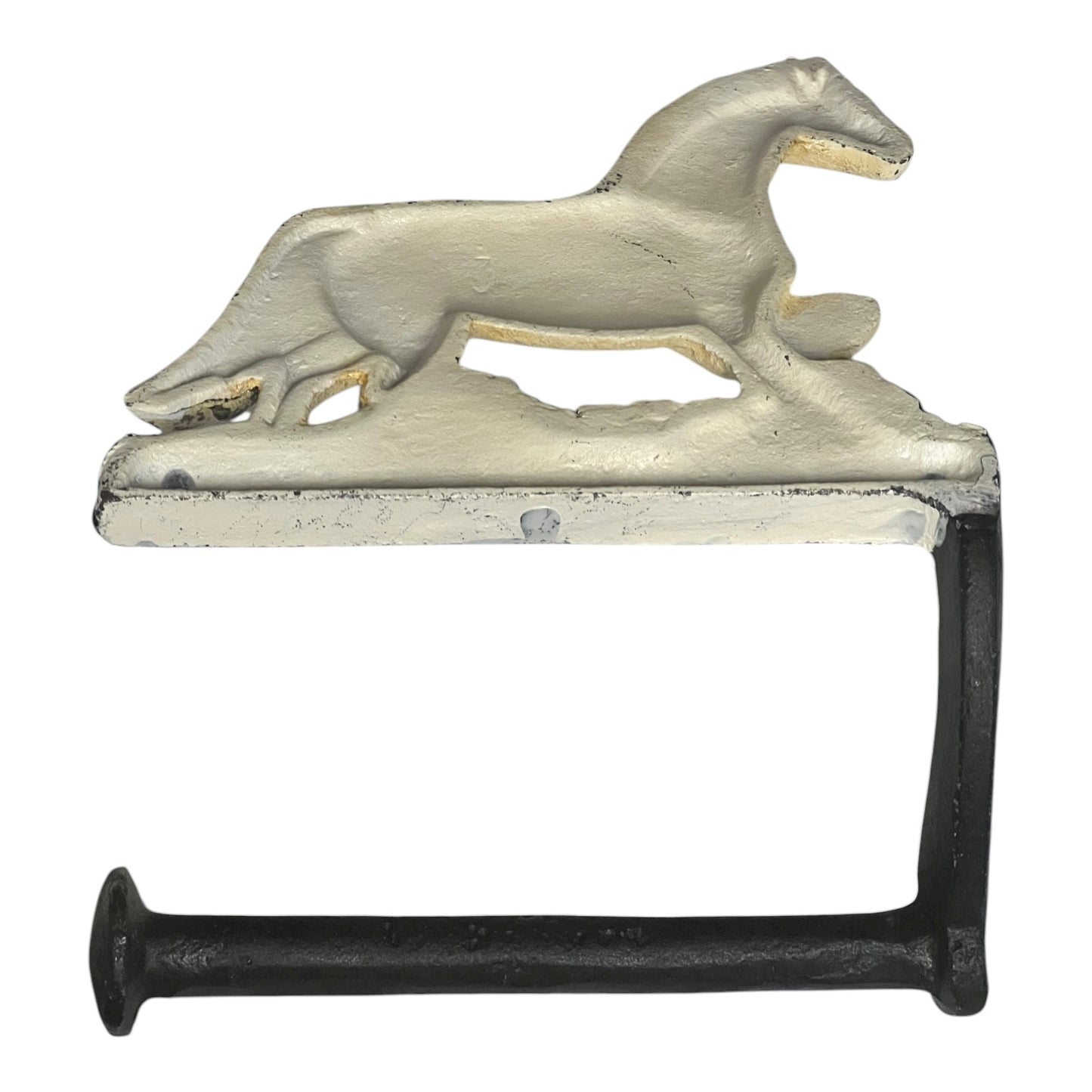 close up of cast iron toiler roll holder on a white background