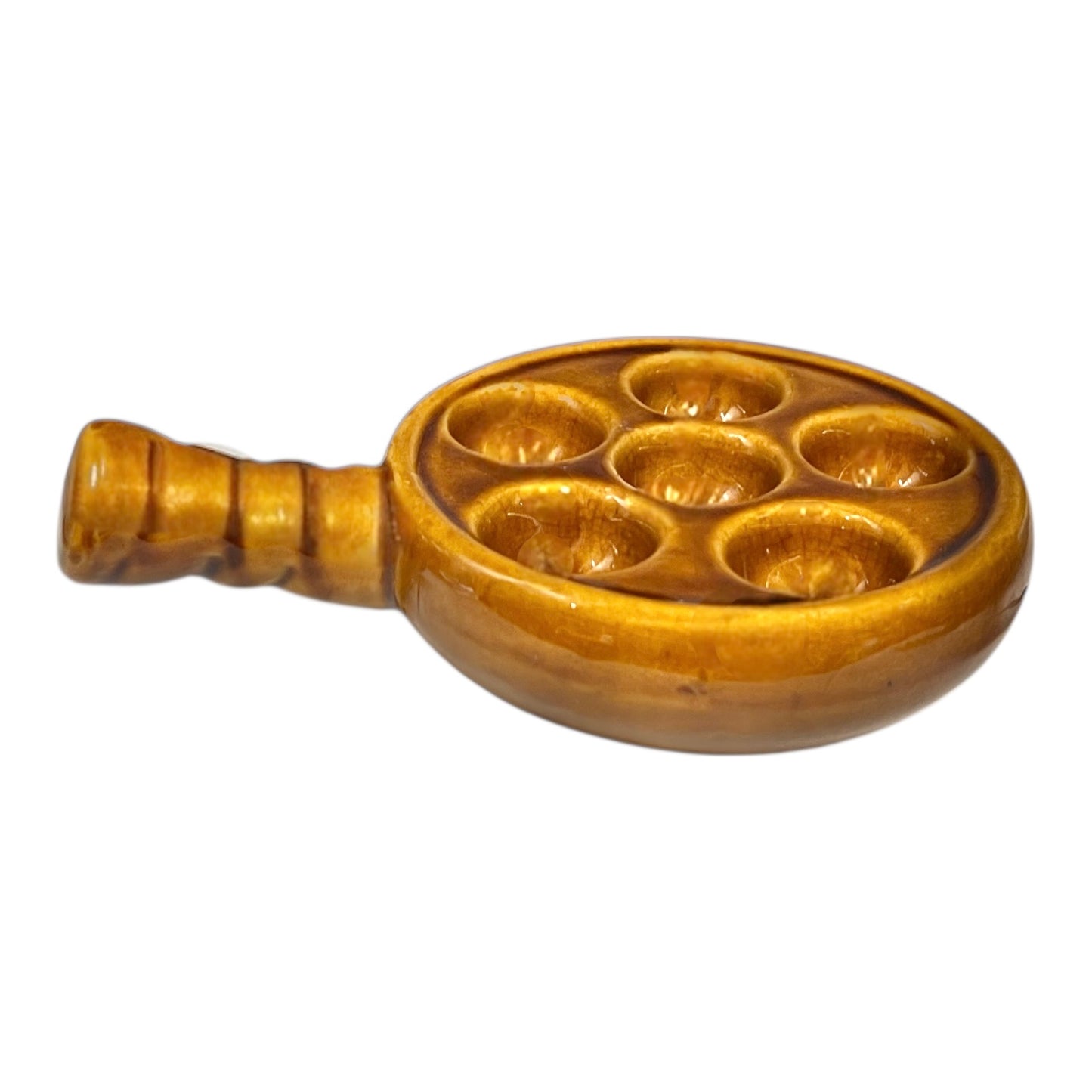 French brown ceramic escargots pot with multiple compartments on a white background