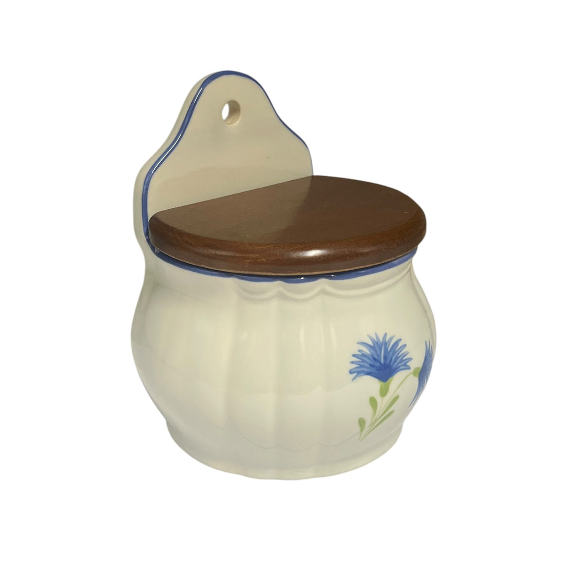 side view of French salt crock with a blue floral pattern and a wooden lid