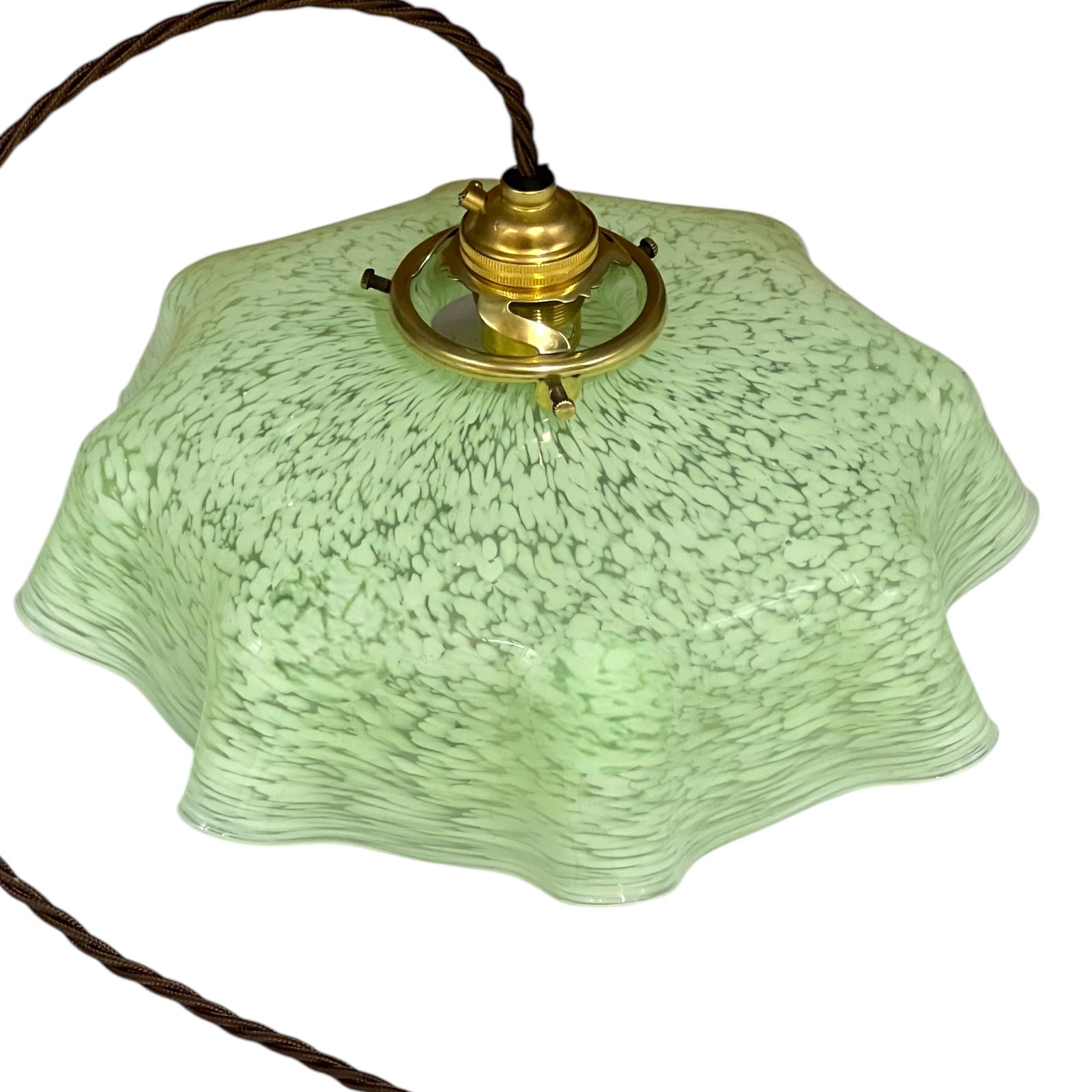 Vintage French Pendant Light, Green Mottled Milk Glass Hanging Lampshade 