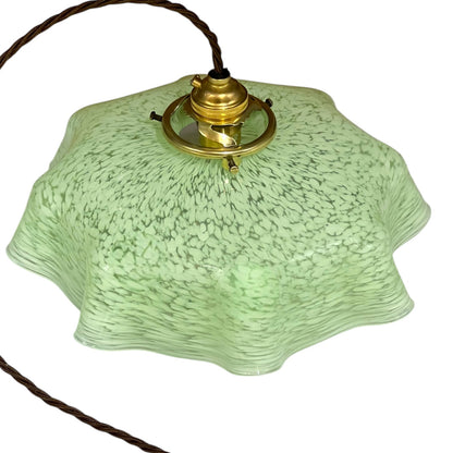 Vintage French Pendant Light, Green Mottled Milk Glass Hanging Lampshade 