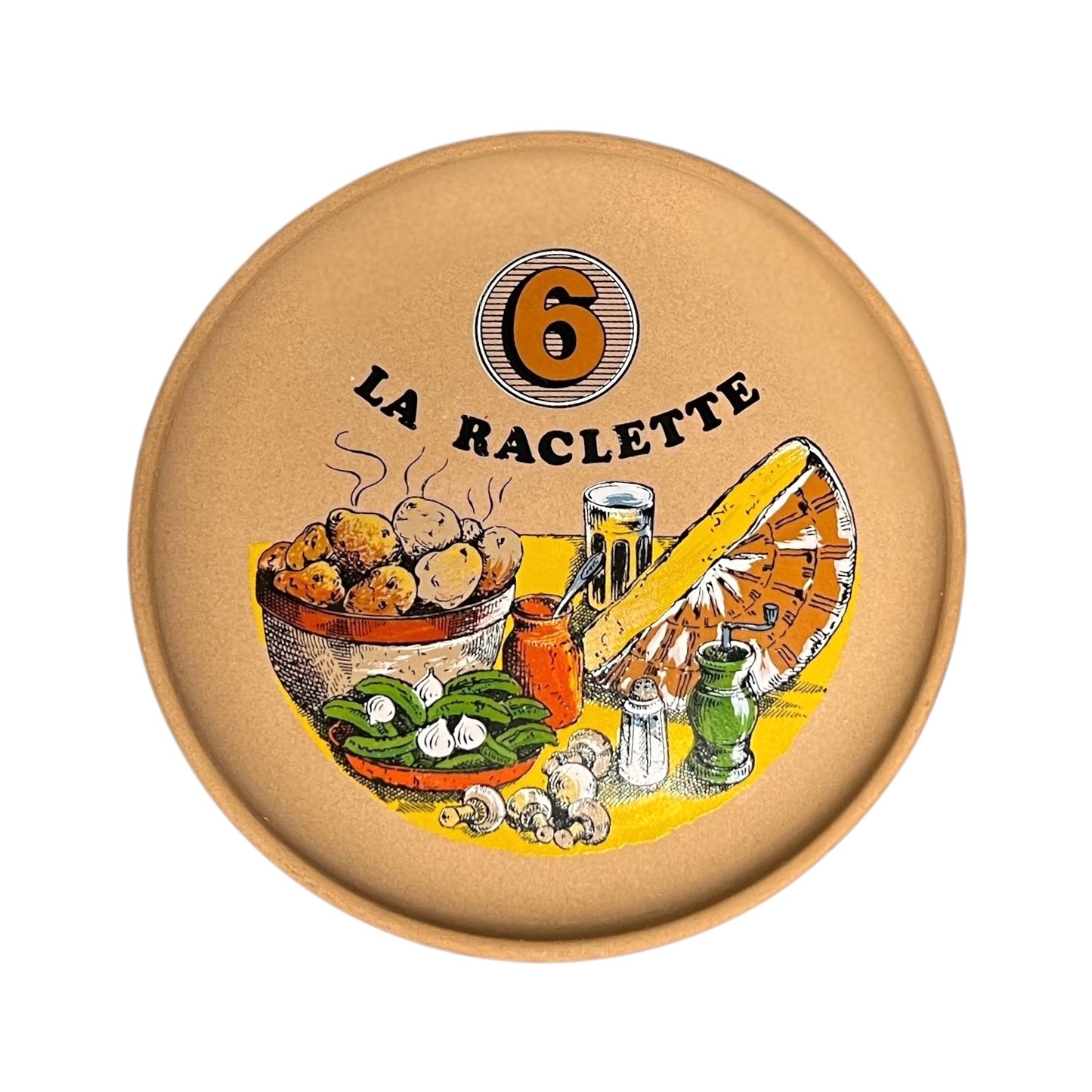 Plate with 'La Raclette' branding, the number 6 and illustrations on a white background