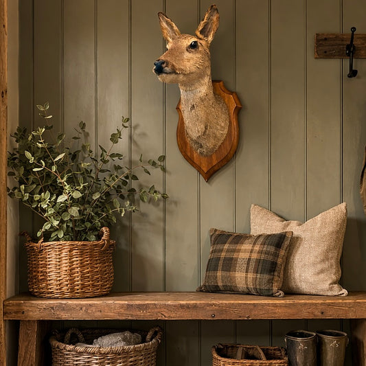 Decorative interior with deer head mount, pillows, and plants on a wooden shelf against a paneled wall.