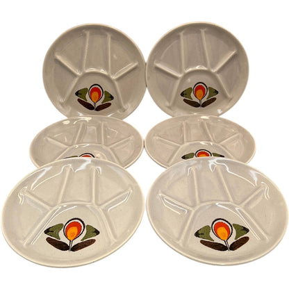 set of 6 Fondue Plates, Retro Mid Century Divided Plate Set, Faience Pottery flower design