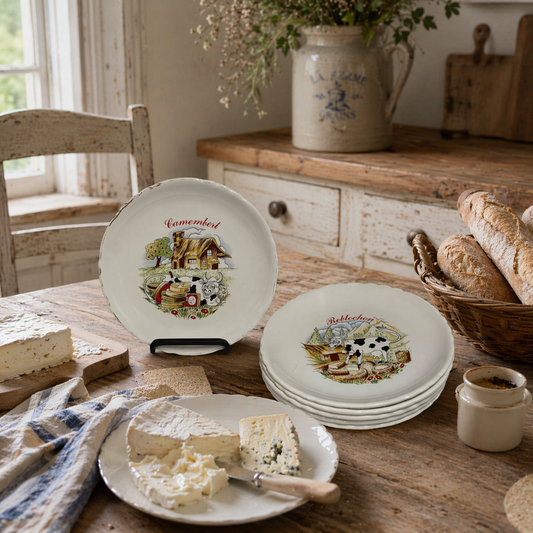 Set of decorative plates with farm-themed designs on a rustic wooden table.