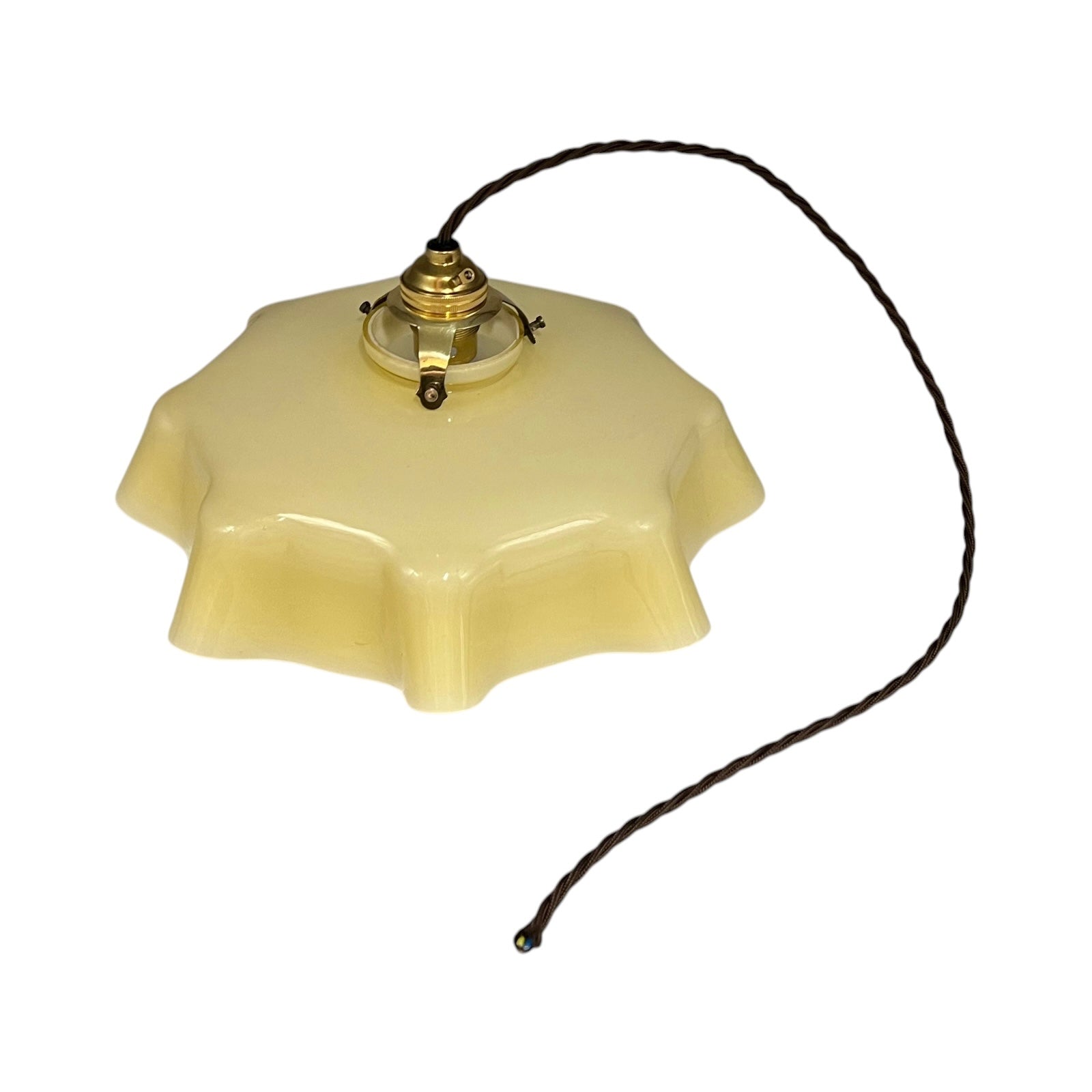 Vintage-style ceiling light fixture with dusk yellow glass shade on a white background 