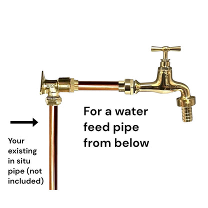 A brass garden spout and pipe assembly shown on a white background with instructional text reading 'For a water feed pipe from below' and 'Your existing in situ pipe (not included)'.