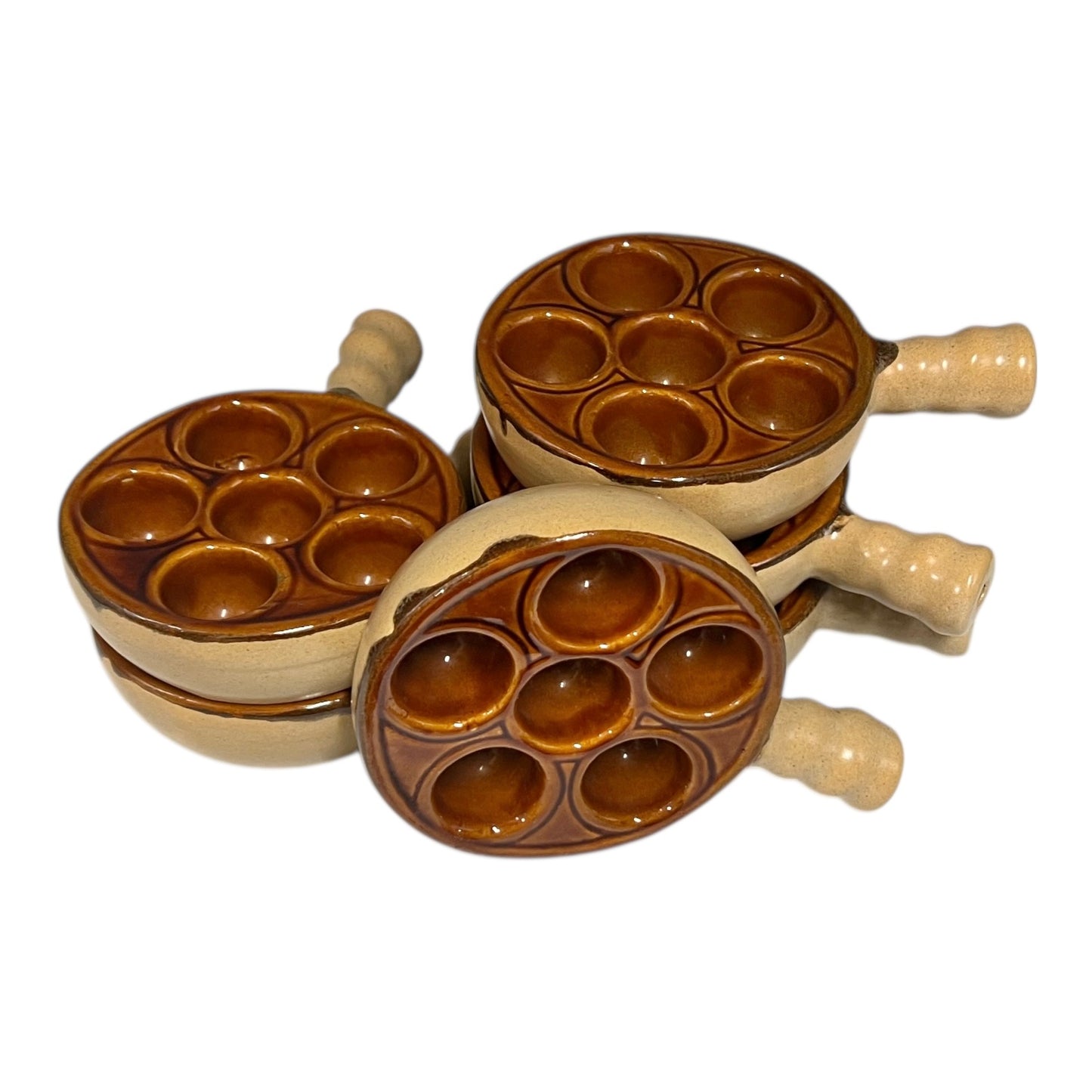 Set of 6 ceramic escargots snail plates each with 6 indents in beige and brown on a white background