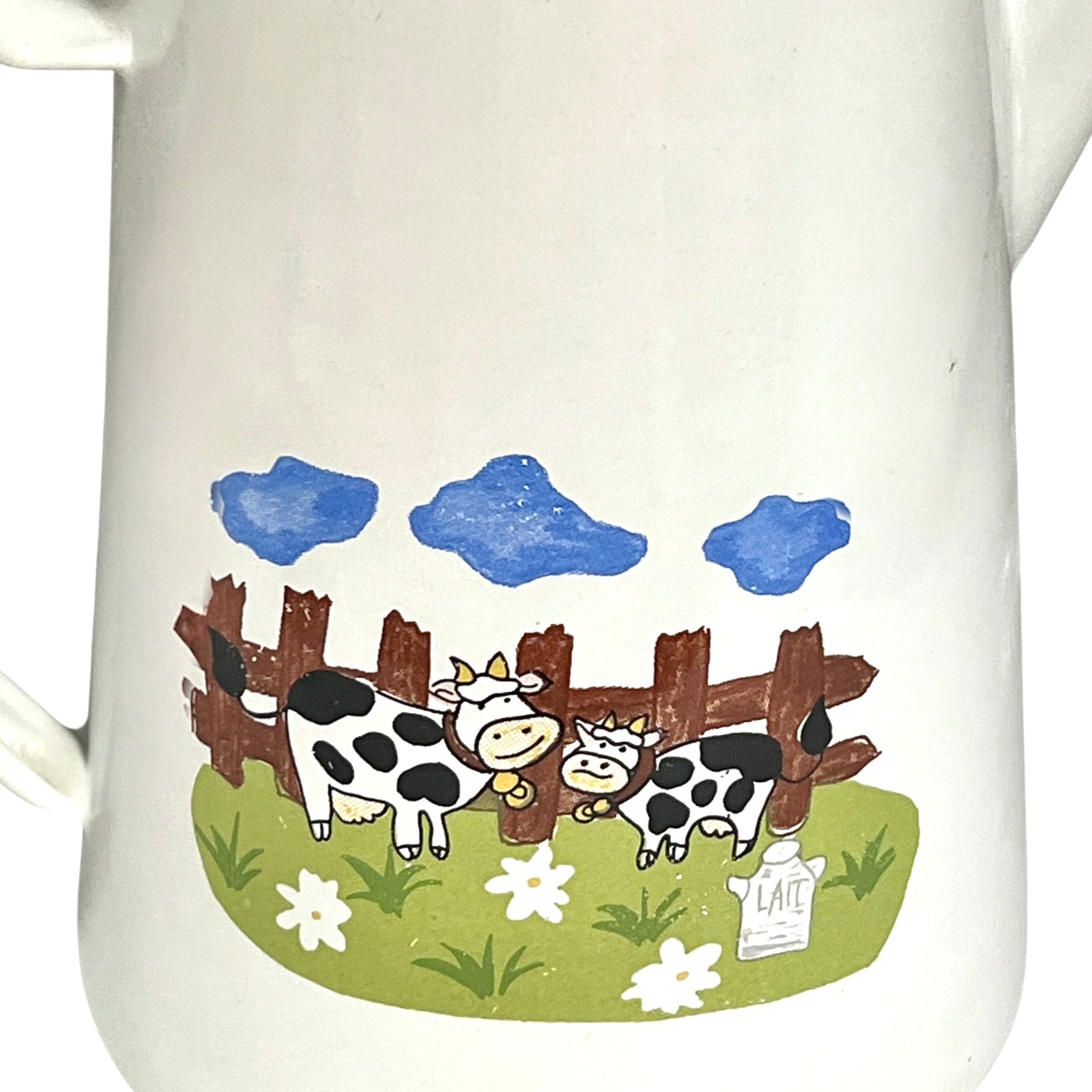 White enamel coffee pot or teapot with farm design on a white background