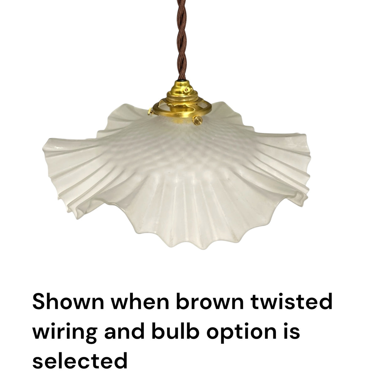 A white pleated glass pendant light shade hanging from a brown twisted cord and gold-toned fixture, with text below stating it is shown when brown twisted wiring and bulb option is selected.