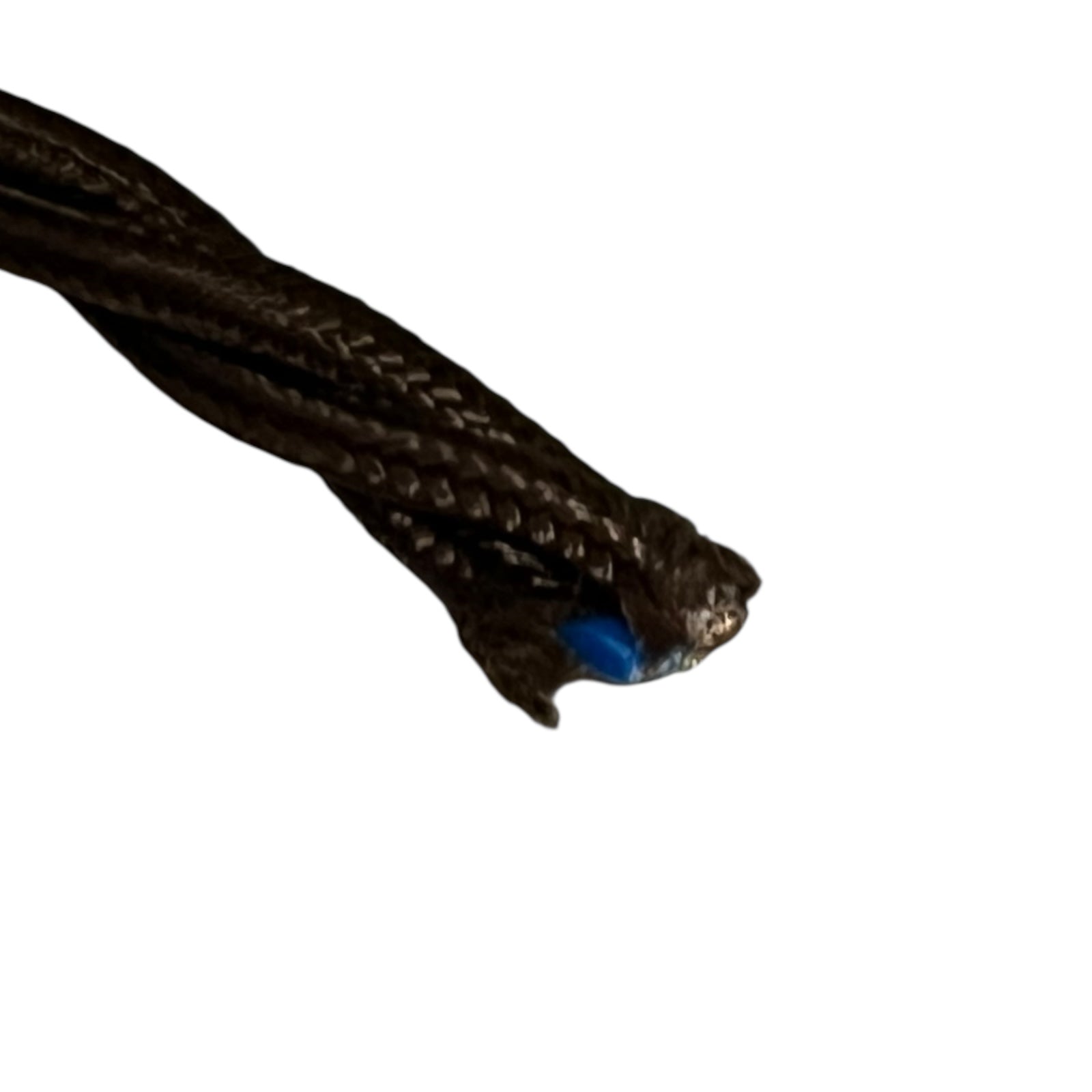 Close-up of a black cable with a blue connector on a white background