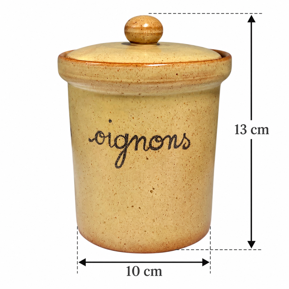 A beige ceramic canister with a lid and wooden knob, labeled 'oignons' in black script, shown with dimension markers indicating 10 cm width and 13 cm height on a white background.