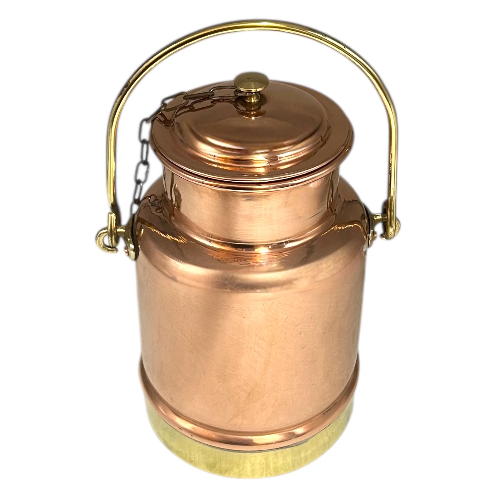 Vintage Copper & Brass Milk Cream Churn, Small 1.9L French Copper Canister with brass handle and lid on a chain