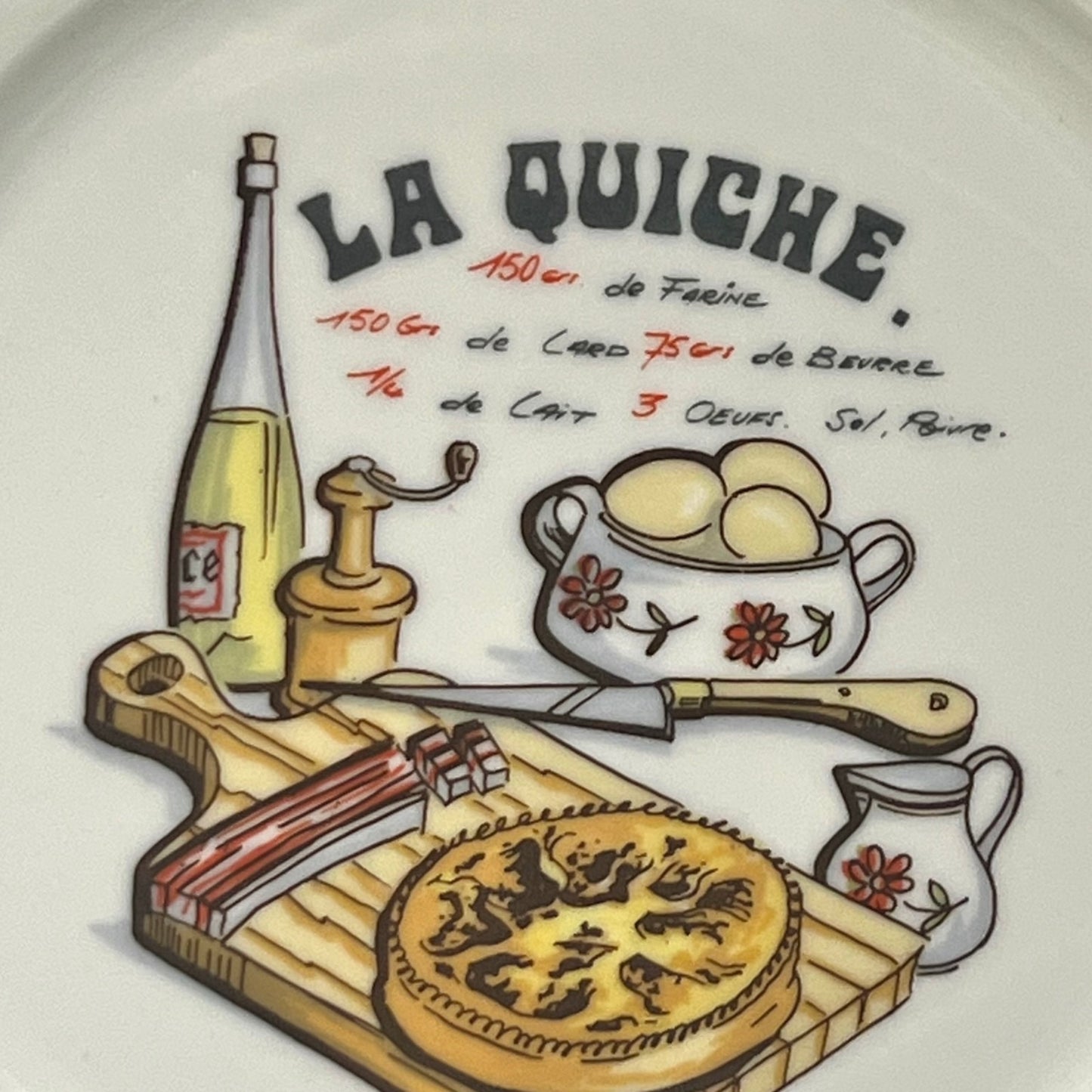 Decorative plate with a quiche illustration, ingredients, and tools on a white background.
